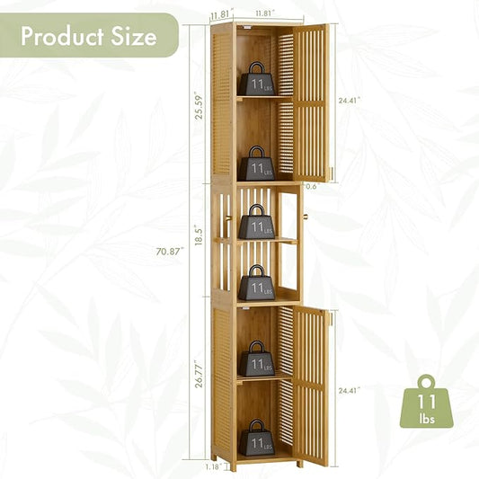Amazer 70'' Tall Bathroom Storage Cabinet Bamboo, Narrow Storage Cabinet with Rattan Doors and Adjustable Shelves, Slim Freestanding Organizer for Living Room, Kitchen, Natural Color