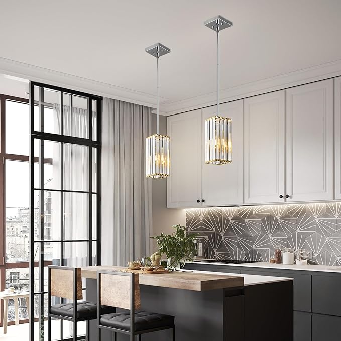 Modern Pendant Light Chrome Rectangle Pendant Lighting Mini Crystal Chandeliers Adjustable Pendant Light Fixture for Kitchen Island Dinning Room Living Room Corridor Bedroom(Chrome 3-Pack)
