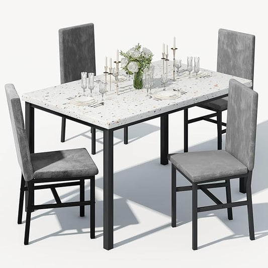 tantohom Dining Table Set for 4, 5-Piece Faux Marble Dining Set,4 Upholstered Velvet Chairs, Modern Kitchen Table Furniture for Dining Room, Dinette, Compact Space-Saving Faux Marble Tabletop, Grey
