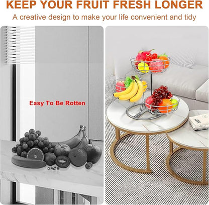 Livabber Fruit Basket Bowl with Banana Hanger, Fruit Vegetable Storage Basket with Banana Tree Holder for Kitchen Counter, Detachable Organizer for Bread Snack Produce (Chrome, 3-Tier Metal Base)