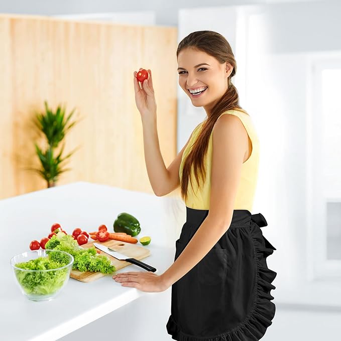 Geyoga Aprons for Women with Pockets Kitchen Cooking Waitress Maid Apron Vintage Skirt Cute Ruffle Dress Costume(Black,Waist Style)