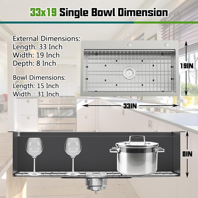 Kitchen Sink Workstation, 33x19 In Stainless Steel Drop In Modern Large Single Bowl Workstation Sink Gift Combo-SS Grid,Drying Rack,SS Colander,Cutting Board,Drain Assembly For Various Kitchen Style