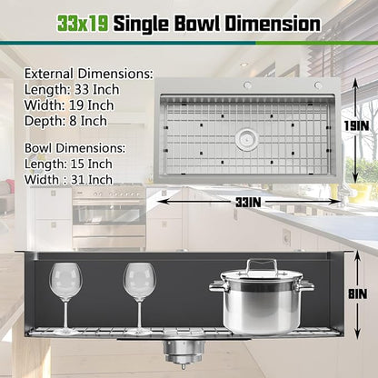 Kitchen Sink Workstation, 33x19 In Stainless Steel Drop In Modern Large Single Bowl Workstation Sink Gift Combo-SS Grid,Drying Rack,SS Colander,Cutting Board,Drain Assembly For Various Kitchen Style