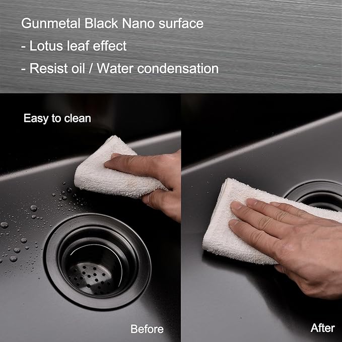 32 Inch Nano Black Undermount Kitchen Sink Stainless Steel Deep Single Bowl, 32”x18” Gunmetal Black 16-Gauge Zero Radius Commercial Large Kitchen Sink with Drainer and Bottom Grid