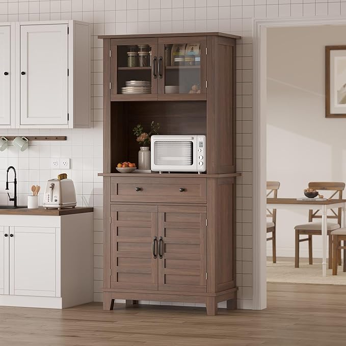 Garvee 72 in Tall Kitchen Pantry Cabinet, Kitchen Hutch Bar Cabinet with Microwave Stand, Cupboard with Drawers Glass Doors for Dining Room, Living Room, Brown