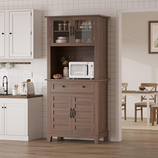 Garvee 72 in Tall Kitchen Pantry Cabinet, Kitchen Hutch Bar Cabinet with Microwave Stand, Cupboard with Drawers Glass Doors for Dining Room, Living Room, Brown