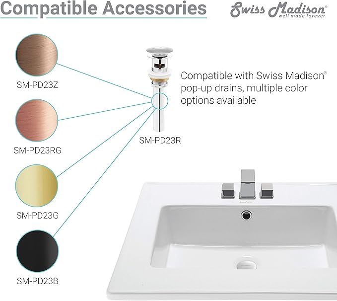 Swiss Madison Well Made Forever SM-VT328-3 Voltaire Vanity Top Sink, with 3" Centerset Faucet Holes