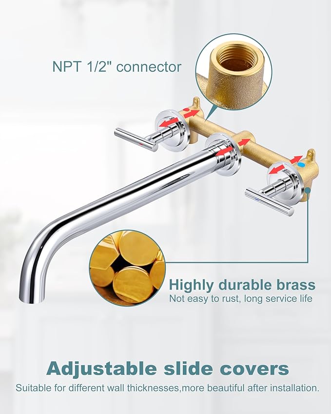 Wall Mount Tub Filler: WOWOW Chrome Bathtub Faucet Long Spout Reach, Bath Tub Filler Faucet 2 Handle Wall Mounted Bathtub Faucets with Brass Rough in Valve Included Wall Mounted Tub Faucet