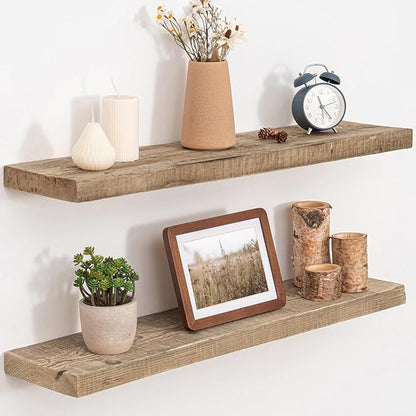 FLYJOE Floating Shelves, 8 Inch Deep Rustic Solid Reclaimed Wood Wall Shelves for Storage, Wall Mounted Display Shelving with Invisible Heavy-Duty Metal Bracket, 30 Inch Width Set of 2, Natural