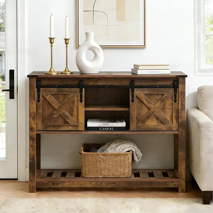 Entryway Table with Storage, Farmhouse Buffet Cabinet Coffee Bar Kitchen Island with Sliding Barn Doors & Shelves, Console Table for Kitchen, Dining Room, Living Room, Brown