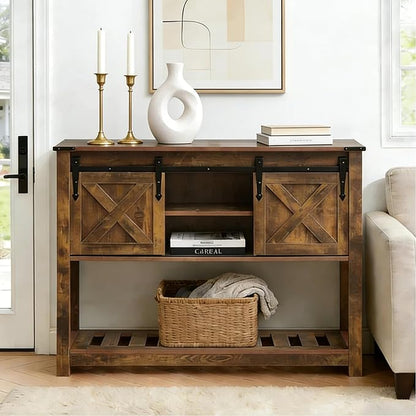 Entryway Table with Storage, Farmhouse Buffet Cabinet Coffee Bar Kitchen Island with Sliding Barn Doors & Shelves, Console Table for Kitchen, Dining Room, Living Room, Brown