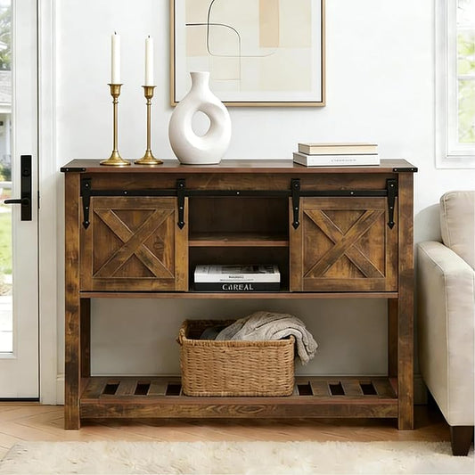 Entryway Table with Storage, Farmhouse Buffet Cabinet Coffee Bar Kitchen Island with Sliding Barn Doors & Shelves, Console Table for Kitchen, Dining Room, Living Room, Brown