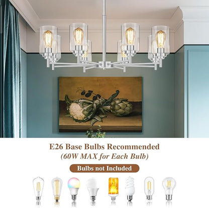 33.5'' 8-Light Chandelier for Dining Room Kitchen Island, Modern Farmhouse Pendant Lighting with Glass Shades Industrial Brushed Nickel Hanging Ceiling Light Fixture for Living Room, Height Adjustable