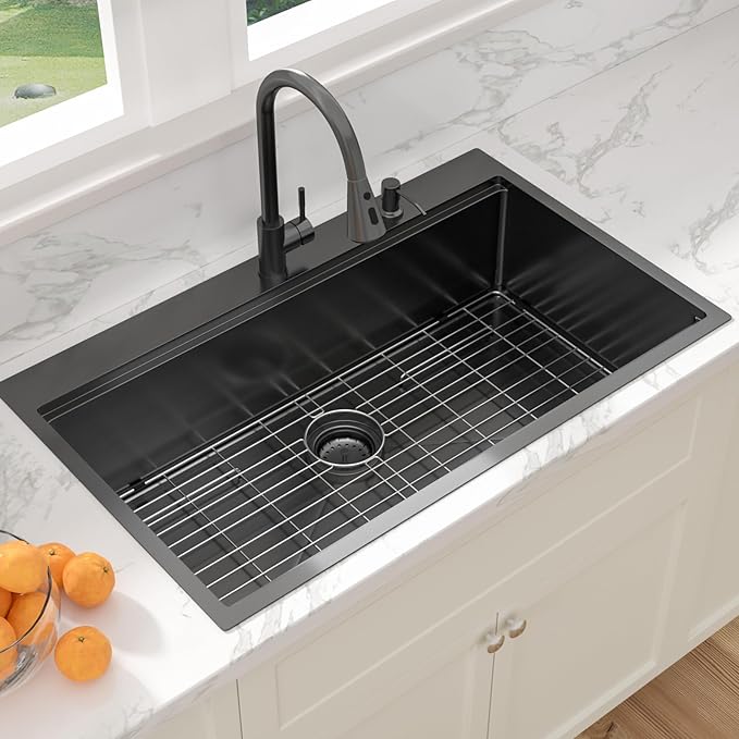 Sarlai 36 Inch Drop In Kitchen Sink - 36x22 Black Drop Kitchen Sink Ledge Workstation 16 Gauge Stainless Steel Gunmetal Black Sinks Topmount Single Bowl Over Counter Sinks Basin Round Corners