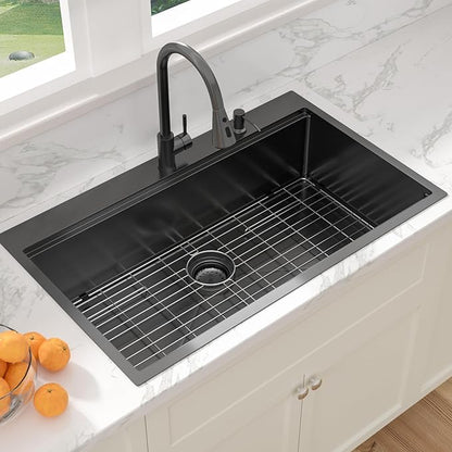 Sarlai 36 Inch Drop In Kitchen Sink - 36x22 Black Drop Kitchen Sink Ledge Workstation 16 Gauge Stainless Steel Gunmetal Black Sinks Topmount Single Bowl Over Counter Sinks Basin Round Corners