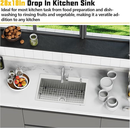28x18 Inch Stainless Steel Kitchen Sink-Drop In Single Bowl Topmount Kitchen Sink Stylish And Modern Look Come With Bottom Grid,Silicon Mat And Drain Assembly Add Elegance & Enhance Usability