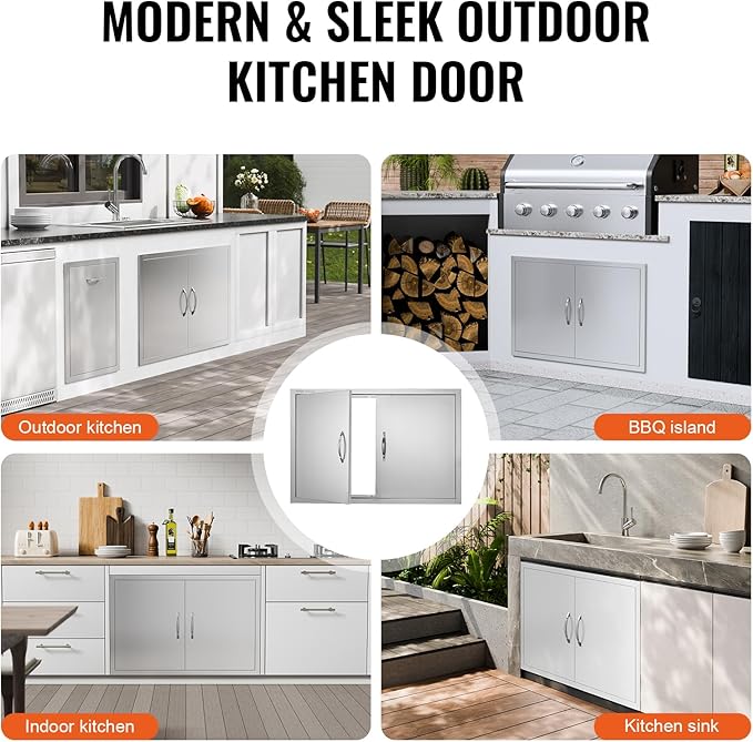 VEVOR BBQ Access Door, 36W x 24H Inch Double Outdoor Kitchen Door, Stainless Steel Flush Mount Door, Wall Vertical Door with Handles, for BBQ Island, Grilling Station, Outside Cabinet, sliver