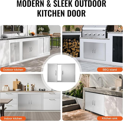 VEVOR BBQ Access Door, 36W x 24H Inch Double Outdoor Kitchen Door, Stainless Steel Flush Mount Door, Wall Vertical Door with Handles, for BBQ Island, Grilling Station, Outside Cabinet, sliver