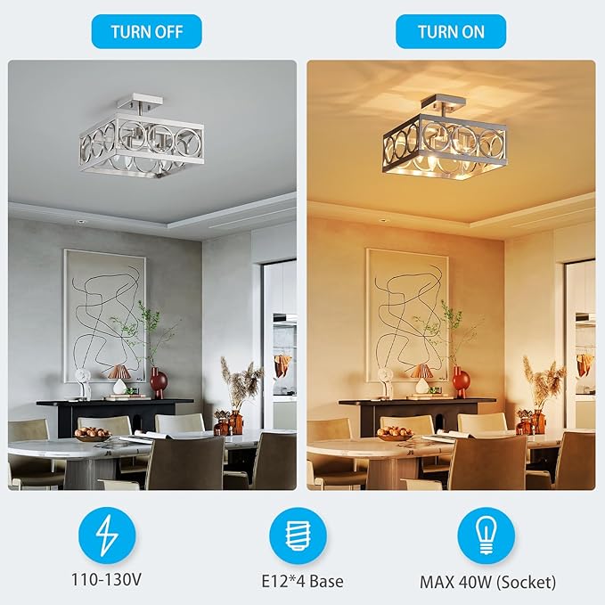 XINGQI Brushed Nickel Ceiling 4-Light 13'' Modern Semi Flush Mount Ceiling Light Fixture Rustic Chandelier Ceiling Lamp for Bedroom Living Dining Room with Square Metal Shade, E12 Bulbs