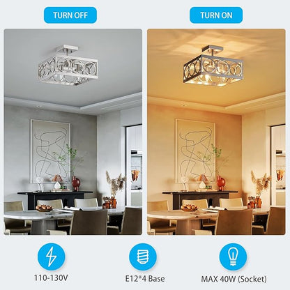 XINGQI Brushed Nickel Ceiling 4-Light 13'' Modern Semi Flush Mount Ceiling Light Fixture Rustic Chandelier Ceiling Lamp for Bedroom Living Dining Room with Square Metal Shade, E12 Bulbs
