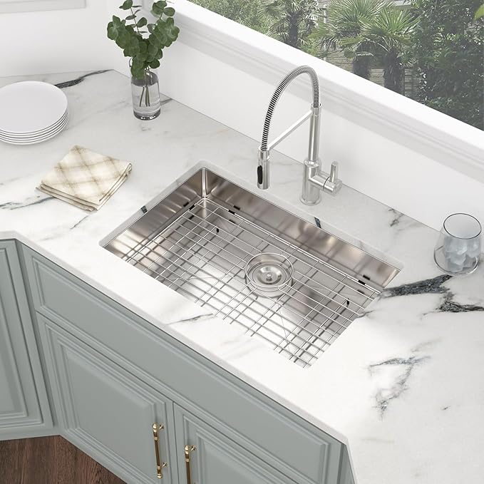 Kichae 27 Inch Undermount Kitchen Sink 27” x18” x5” Kitchen Sink Stainless Steel 16 Gauge Shallow Kitchen Sink Round Corner Handmade Basin