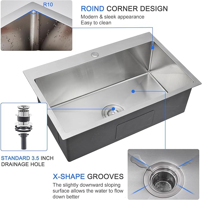MENATT 28 Inch Drop-in Kitchen Sink, 304 Stainless Steel Topmount Handmade Kitchen Sink, Single Bowl Workstation Sink with Drain Kit (Brushed), 28"x18"x9"