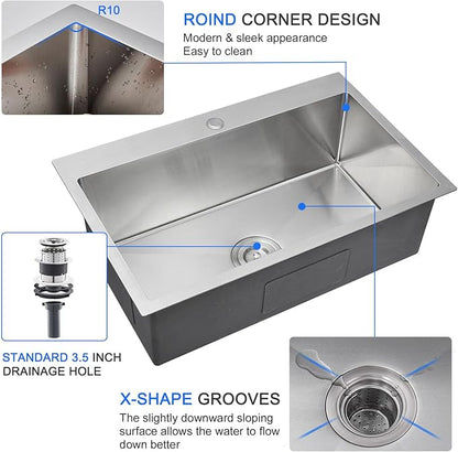MENATT 28 Inch Drop-in Kitchen Sink, 304 Stainless Steel Topmount Handmade Kitchen Sink, Single Bowl Workstation Sink with Drain Kit (Brushed), 28"x18"x9"