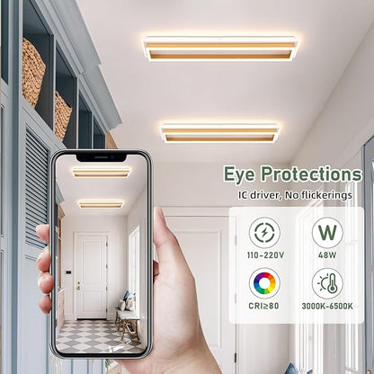 Dimmable Led Ceiling Light with Remote Control 31.5in Modern Linear Flush Mount Ceiling Lighting Fixture Acrylic Long Ceiling Lamp for Living Room Kitchen Dining Room Hallway (Gold)