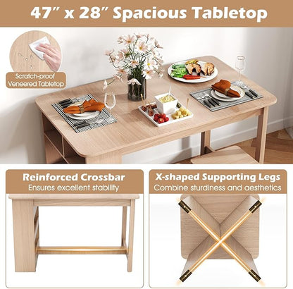 Dining Table Set for 4, Island Table for Kitchen with 3-Tier Shelves & 4 Stools, Wooden Kitchen & Dining Room Furniture, Dinette Set for Home, Restaurant, Bar, Bistro (Natural)