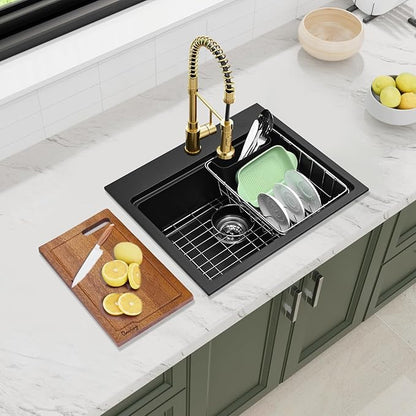 Davivy 22 Inch Granite Kitchen Sink Workstation, 22 x 19 Black Drop In/Undermount Kitchen Sink, Deep Quartz Composite Single Bowl Basin with Accessories