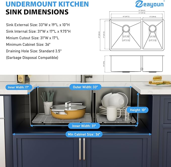 33 Inch Black Undermount Double Sink 16 Gague Stainless Steel Double Undermount Kitchen Sinks 60/40 Large Deep Double Bowl Kitchen Sinks 33"x19"x10"