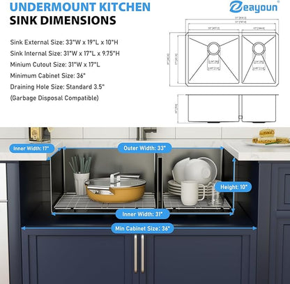 33 Inch Black Undermount Double Sink 16 Gague Stainless Steel Double Undermount Kitchen Sinks 60/40 Large Deep Double Bowl Kitchen Sinks 33"x19"x10"