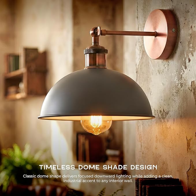 Dome Metal Wall Sconce, 180° Adjustable Industrial Wall Lamp for Bedside, Study, Kitchen, and Living Room Decor. (Grey*)