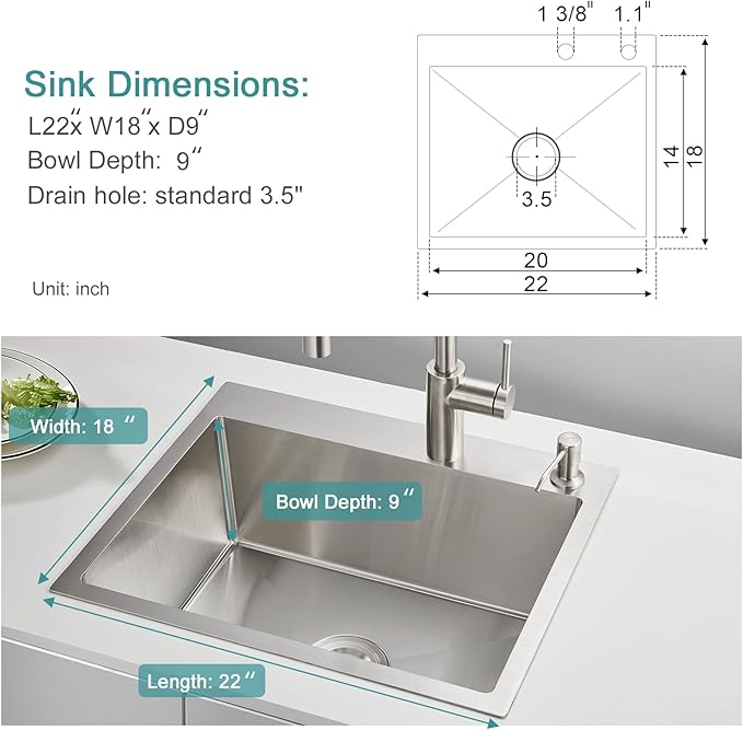 22x18 inch Drop in Kitchen Sink - Top mount Bar Sink Single Bowl, 9 inch Deep Stainless Steel Rv Sinks Handmade with Strainer