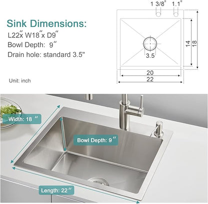 22x18 inch Drop in Kitchen Sink - Top mount Bar Sink Single Bowl, 9 inch Deep Stainless Steel Rv Sinks Handmade with Strainer