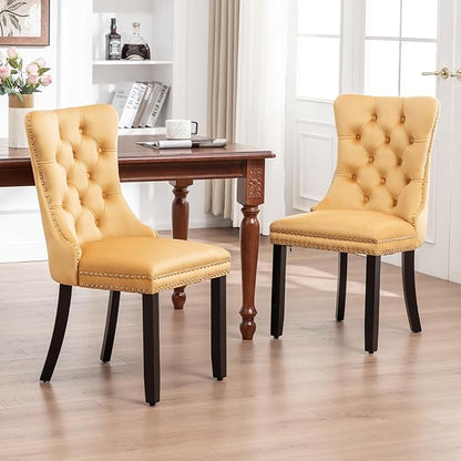 Eifizek Velvet Dining Chairs Set of 2, Tufted Dining Room Chairs with Nailhead Ring Pull Trim, Upholstered Dining Chairs with Solid Wood Legs for Kitchen Dining Room (Gold)
