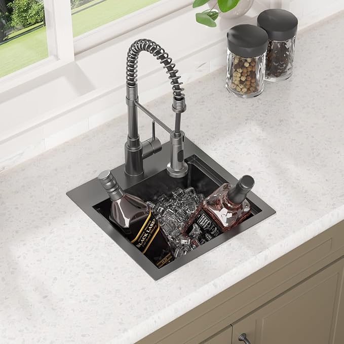 Lordear Bar Sink 15 Inch Black Drop In Kitchen Sinks Stainless Steel Bar Sink 16 Gauge Single Bowl Topmount Small Prep RV Sinks Square Basin