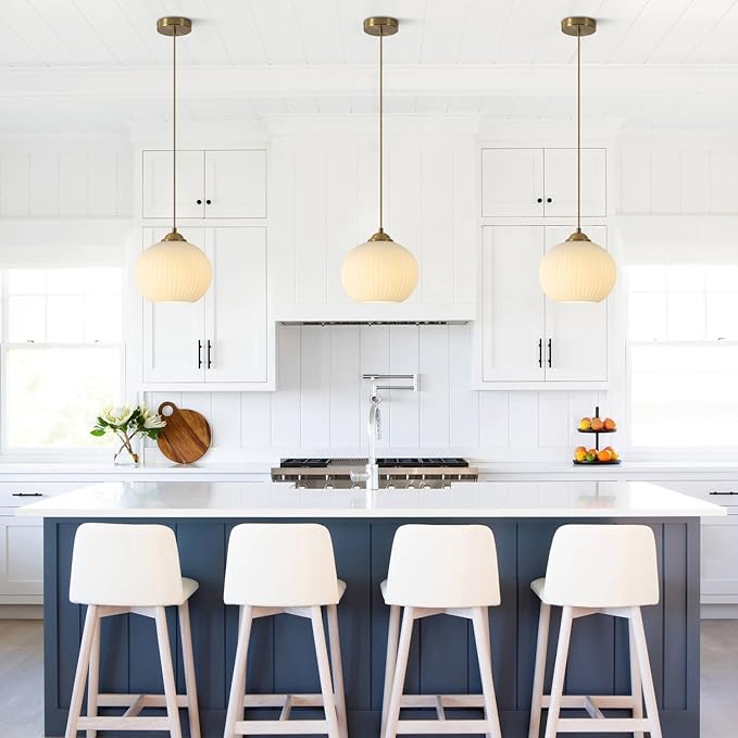 KCO Lighting Mid Century Modern Globe Pendant Light Ribbed Glass Ceiling Light Gold Hanging Light Fixtures Antique Brass Kitchen Island Pendant Lights Round Pendant Light Fixture (2 Pack)