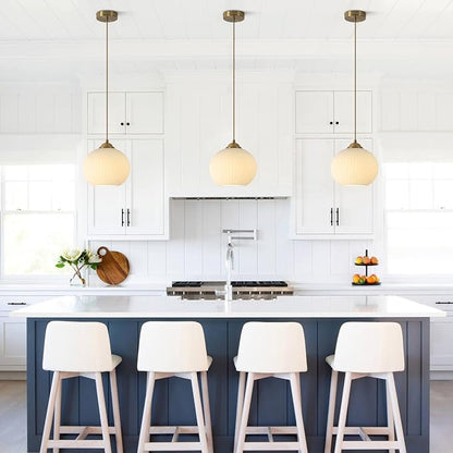 KCO Lighting Mid Century Modern Globe Pendant Light Ribbed Glass Ceiling Light Gold Hanging Light Fixtures Antique Brass Kitchen Island Pendant Lights Round Pendant Light Fixture (2 Pack)