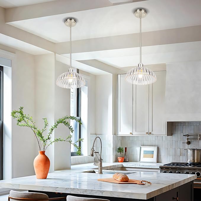 JYO 10" Brushed Nickel Pendant Lighting, Vintage Single Pendant Light Fixtur with Ribbed Glass, Pendant Light for Kitchen Island Bedroom Hotel Living Room