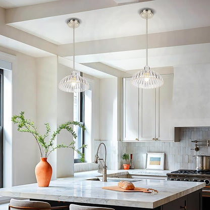 JYO 10" Brushed Nickel Pendant Lighting, Vintage Single Pendant Light Fixtur with Ribbed Glass, Pendant Light for Kitchen Island Bedroom Hotel Living Room