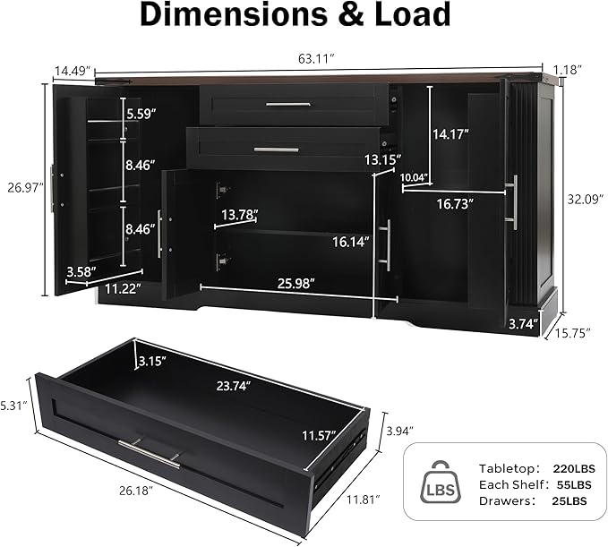 Buffet Cabinet with Storage, 63" Large Sideboard Storage Cabinet with Drawer, 4 Doors and Shelves, Modern Farmhouse Coffee Bar Table Kitchen Island Credenza for Kitchen, Dining, Living Room (Black)