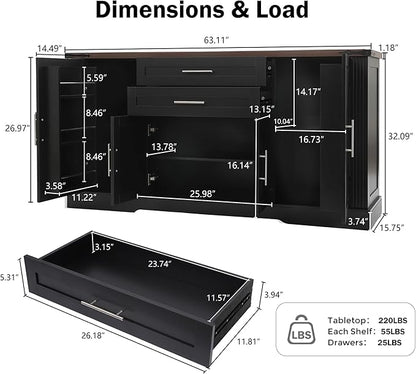 Buffet Cabinet with Storage, 63" Large Sideboard Storage Cabinet with Drawer, 4 Doors and Shelves, Modern Farmhouse Coffee Bar Table Kitchen Island Credenza for Kitchen, Dining, Living Room (Black)