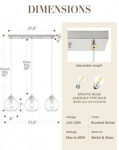 3-Light Globe Island Light, Linear Chandelier with Brushed Nickel Finish, Clear Glass Pendant Light Fixture for Dining Room Kitchen Island Living Room Pool Table, ZCPL101BN-3S