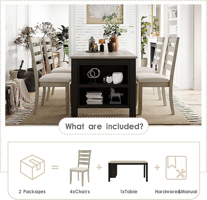 5-Piece Dining Table Set, Wood Rectangular Kitchen Table Set with 2-Tier Storage Shelves for 4 Persons, Farmhouse Dining Room Set with 4 Upholstered Chairs Space Saving Bar Pub Table Set