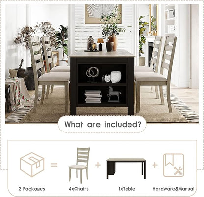 5-Piece Dining Table Set, Wood Rectangular Kitchen Table Set with 2-Tier Storage Shelves for 4 Persons, Farmhouse Dining Room Set with 4 Upholstered Chairs Space Saving Bar Pub Table Set