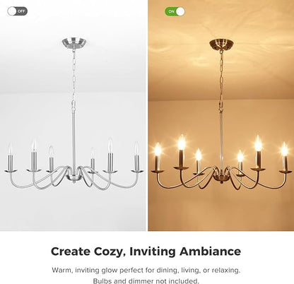 6-Light Brushed Nickel Chandelier, Modern Candle Chandelier Light Fixture, 27.5'' Contemporary Dining Room Chandelier for Kitchen Island Living Room Entryway Foyer