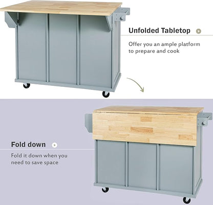 Ball & Cast Kitchen Island Cart with Drop Leaf & Wine Rack,Portable Rolling Kitchen Cart W/Power Outlet 2 Drawers & 5 Wheels,Adjustable Storage for Home Kitchen and Dining Room,Grey Blue