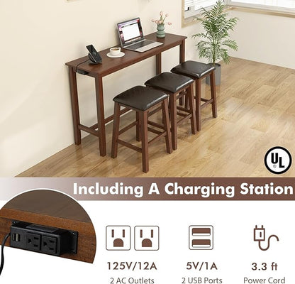 Giantex Dining Table Set, Kitchen Table Set, 4-Piece Counter Height Dining Set with 3 Upholstered Stools, Power Socket, Bar Table and Chairs Set for Small Space, Living Room, Dining Room Table Set