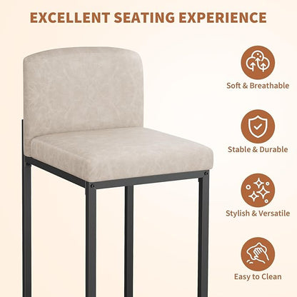 GarveeHome Bar Stools Set of 6, Modern Counter Height Bar Stools with Back and Footrest, Faux Leather Upholstered Barstools Chairs for Kitchen Island Dining Room Bar, Beige